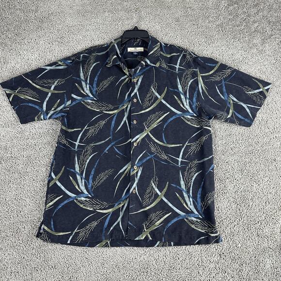 Tommy Bahama Shirt Mens Medium Black Silk Tropical Hawaiian Camp Aloha Palm Leaf - Picture 1 of 11
